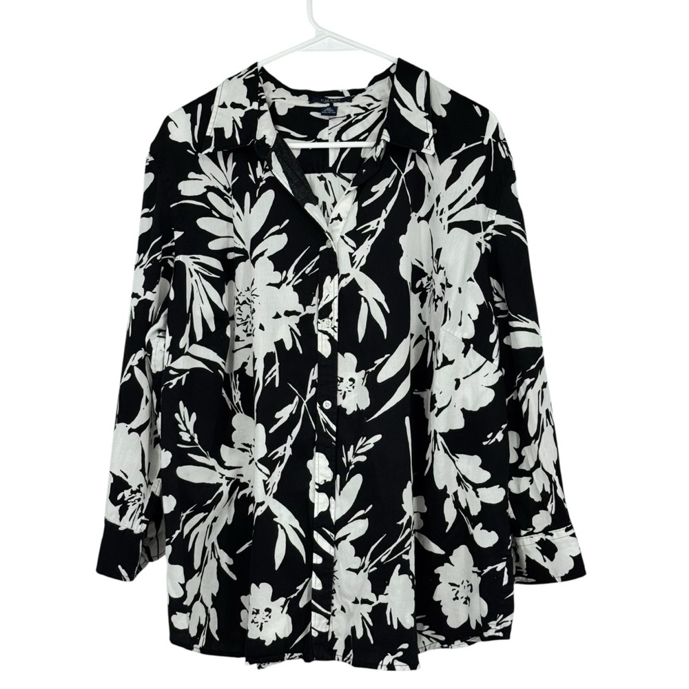 Women’s Chaps Size 2X Black/White Cotton Floral Button Down Blouse